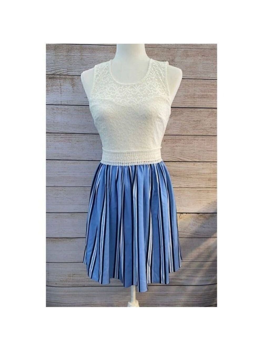 Lace and Blue Stripe Fit and Flare Dress (Med)